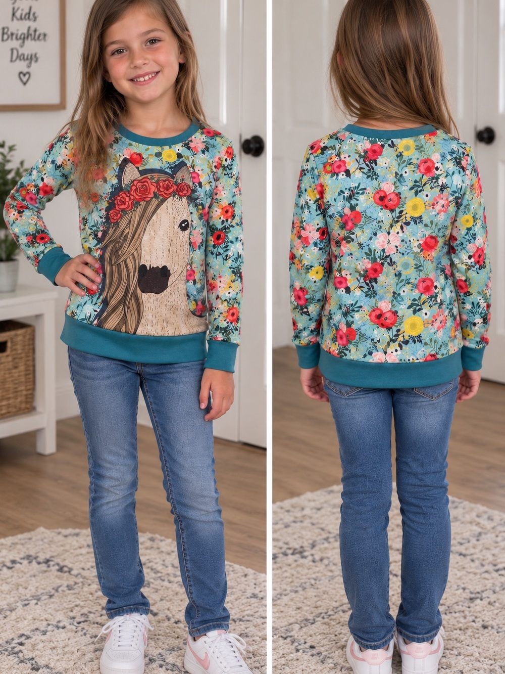 Sunshine Swing Girls Floral Horse Sweatshirt Size 8 Teal Long Sleeve